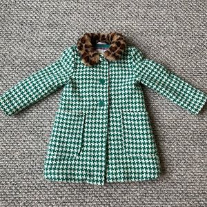Mini Boden Green and White Houndstooth Pea Coat with Faux Fur Collar